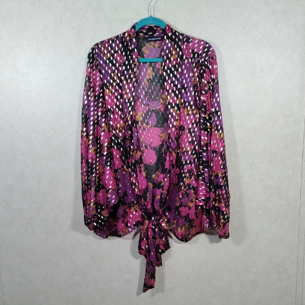 6175 Colleen Lopez purple, magenta, black & gold tie front jacket M